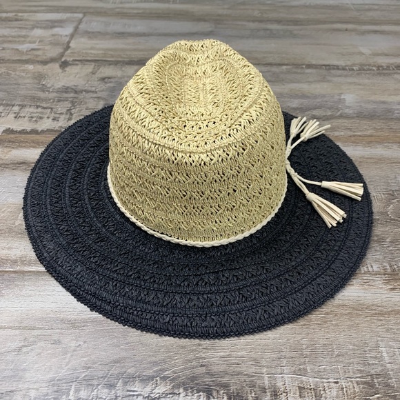 Night Train Straw Hat Tan Black Boho Wide Brim - Picture 8 of 8